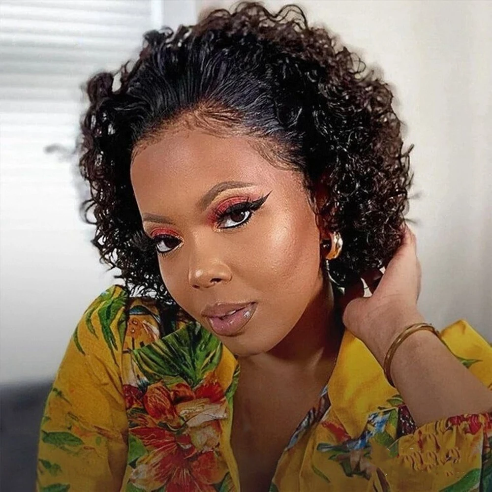 픽시컷 가발 짧은 곱슬머리 13x1 레이스 프론트 인모 가발 (미리 뽑은 헤어라인 포함) 흑인 여성용 글루리스 브라질리언 헤어