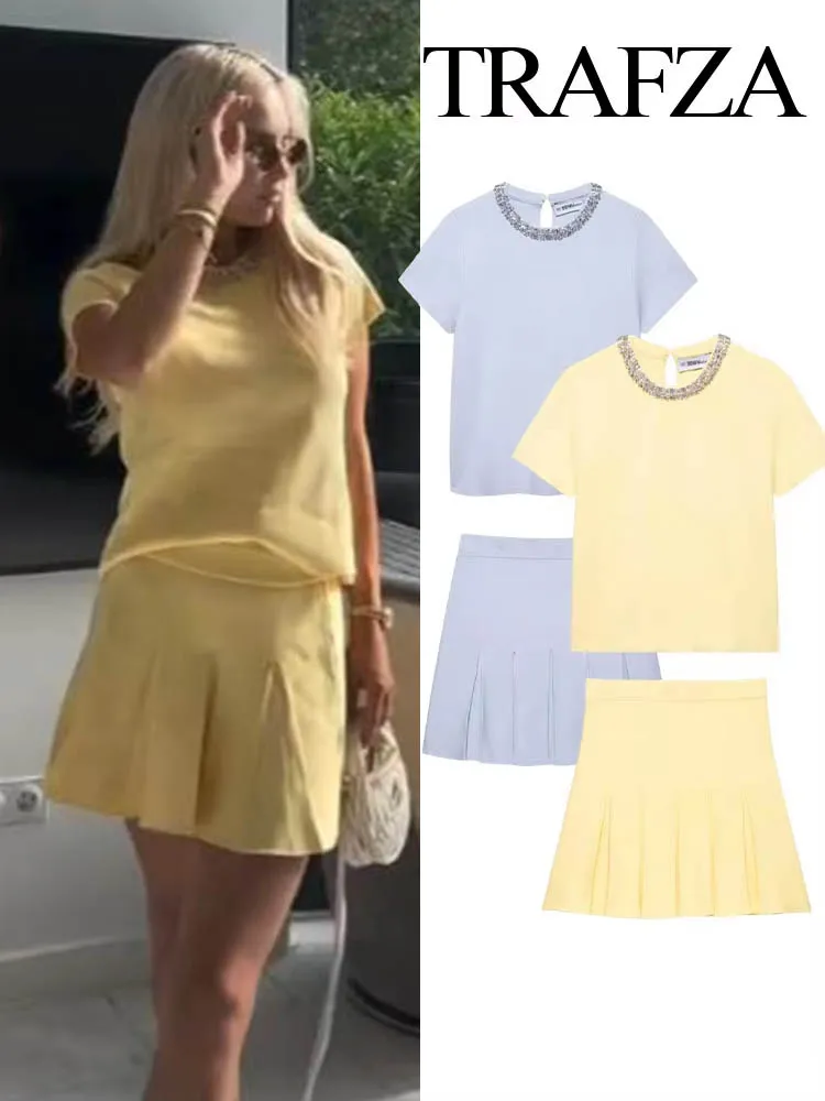 

TRAFZA Women 2-Piece Set Chic O-Neck Jewelry Decorated Short Sleeve Pullover Top+Fashion Wrinkles Elasticity Knitted Mini Skirt