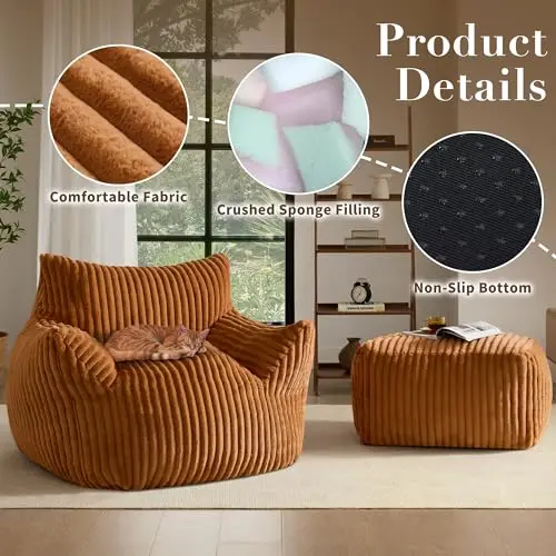 Sillón de salón extragrande de pana para adultos con relleno de esponja triturada y base antideslizante, ideal para sala de estar o dormitorio.