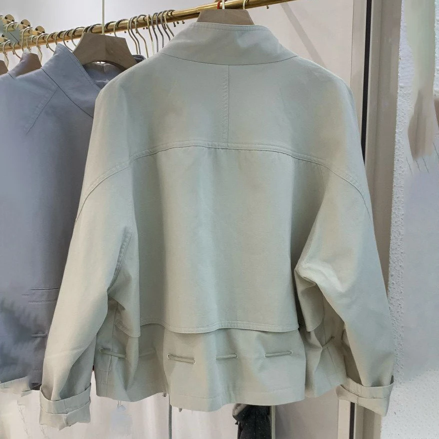 Women Stand Collar Trench Jacket Asymmetric Buckle Strap Drawstring Loose Short Windbreaker Coat Pocket Casual Ladies Outerwear