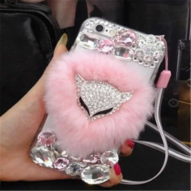 Luxury Bling Diamond Fox Head Warm Rabbit Fur Phone Cover for iphone 15 Plus 14 16 12 13 16Pro MAX XS XR 16PLUS phone Case