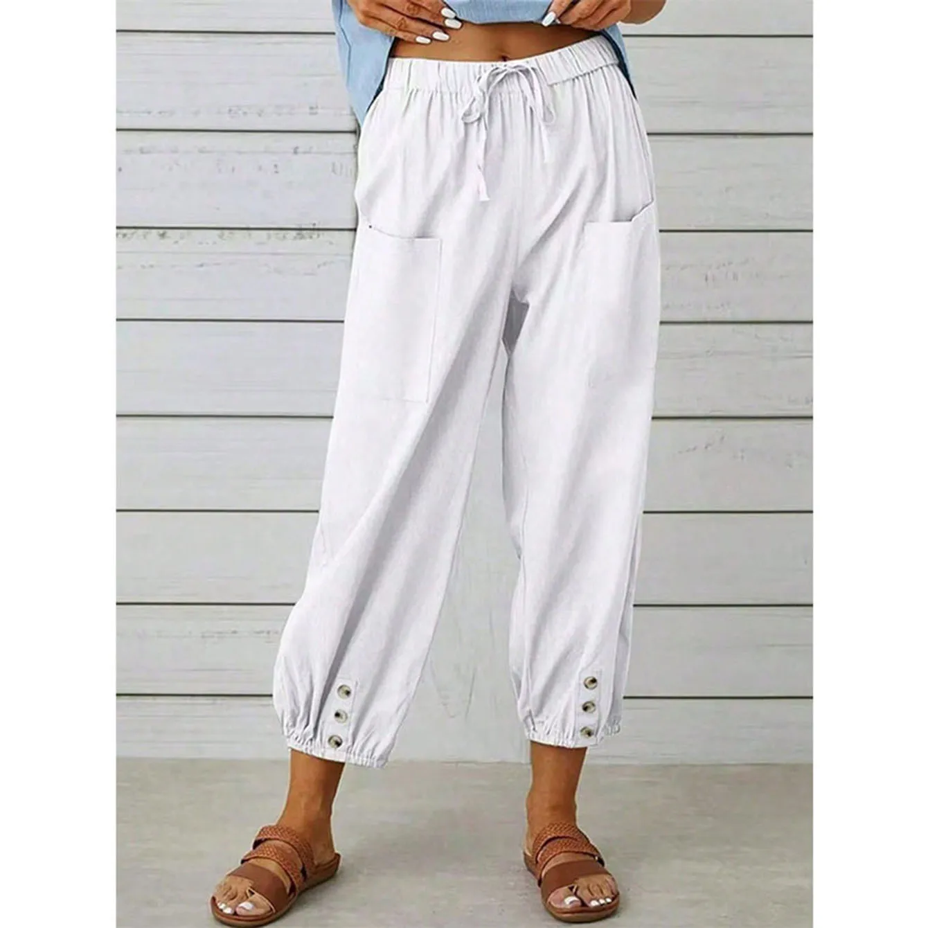 Ladies' spring and summer pure color fashionable casual easy-matching drawstring cropped pants