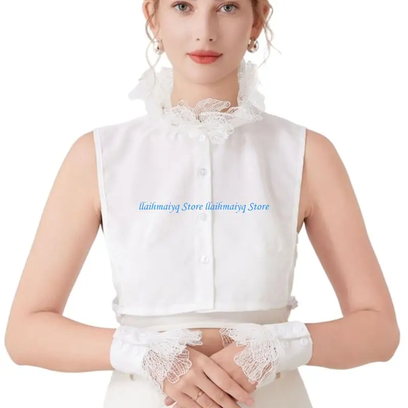 573B Elegant Lace Trim Detachable Collar And Arm Sleeves For Formal Event Breathable Fabric Neckwear Fashion Outfit Accessory