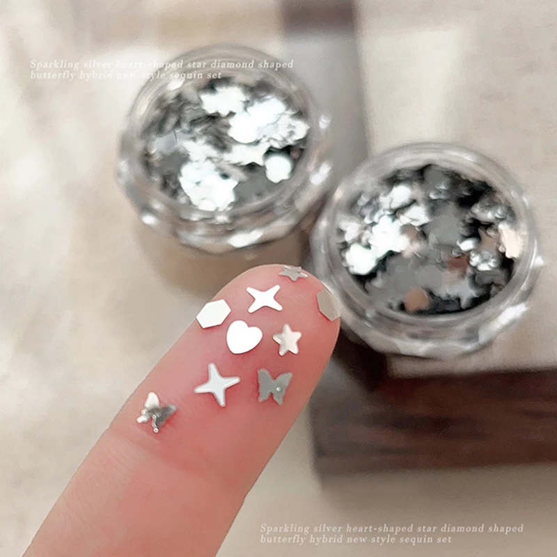1-pot glanzende zilveren pailletten mix vormen sterrenlicht liefde vlinder ster slice nail art stickers stickers manicure paillette charmes