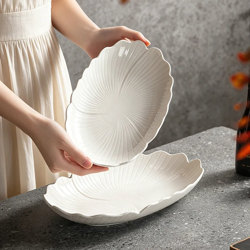 HYS pure white ceramic fish plate high-end household high temperature steaming fish plate large seafood plate new dish plate