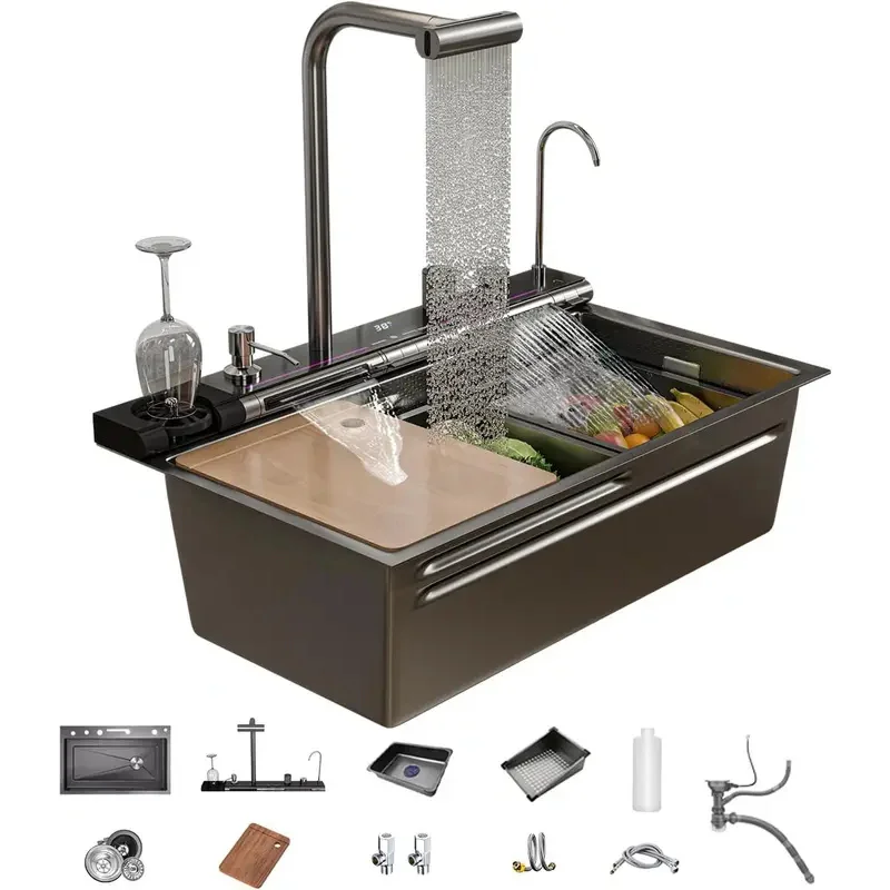 Dual Waterfall Kitchen Sink,Modern Kitchen Sink Single Bowl Digital Smart Sink With Soap Dispenser,Stainless Steel Sink With