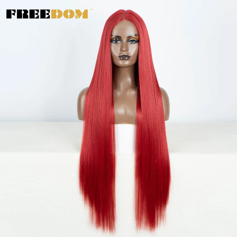 VRIJHEID Rechte Synthetische Kant Voor Vrouwen 38 Inch Lange Ombre Bruin Rood Blond Hoogtepunt Kant Frontale Pruiken Cosplay Pruik