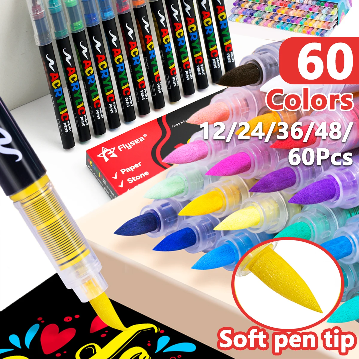 

12-60 Colors Acrylic Paint Pen Marker Soft Tip Paint Marker For Rock Painting Wood Stone Christmas Gift DIY Craft Egg Decorating