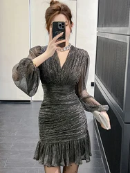 Prom Dress Women Chic Retro Elastic Shiny Silk Sheer Mesh Pleated Ruffles Skinny Fishtail Gown Evening Party Vestidos