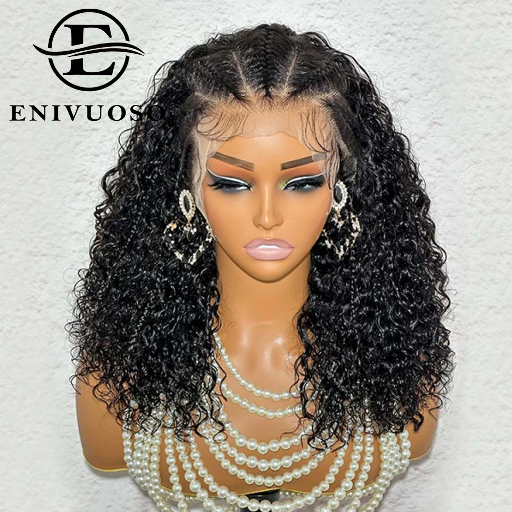 Peruki typu Curly Bob 13x6 Lace Frontal z warkoczykami Cornrow, 14-calowe peruki syntetyczne z głębokimi falami i baby hair dla czarnoskórych kobiet.