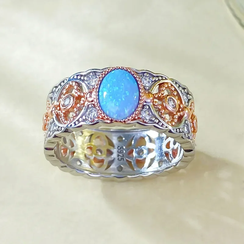 Karachi New 925 Silver Plated Rose Gold Inlaid 5*7 Australian Treasure Blue Purple Ring For Women Fashion Jewelry