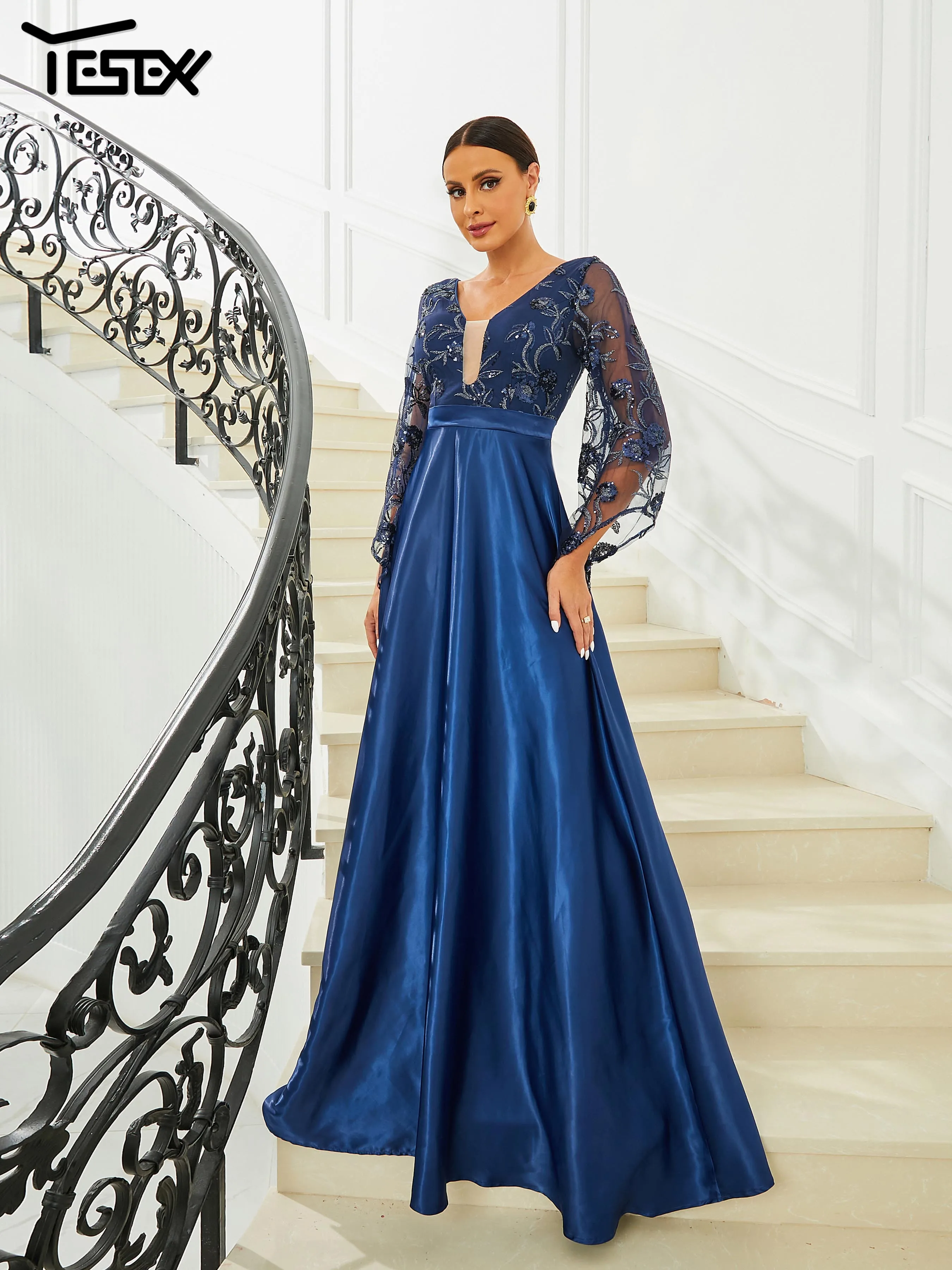 Yesexy New Bell Sleeve Blue Elegant Party Dresses For Women 2023 V Neck A Line Prom Party Evening Dress