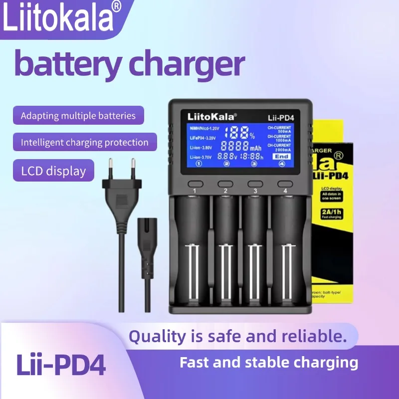 

Liitokala Lii-PD4 Intelligent Battery Charger for 1.2V 3.7V NiMH Compatible with 18650 26650 21700 18350 18500 14500 AA AAA