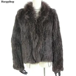 Harppihop rabbit  fur Genuine Knitted coat for Women  Raccoon Fur collar  Jacket Trench Outwear fashion street party jacketC918