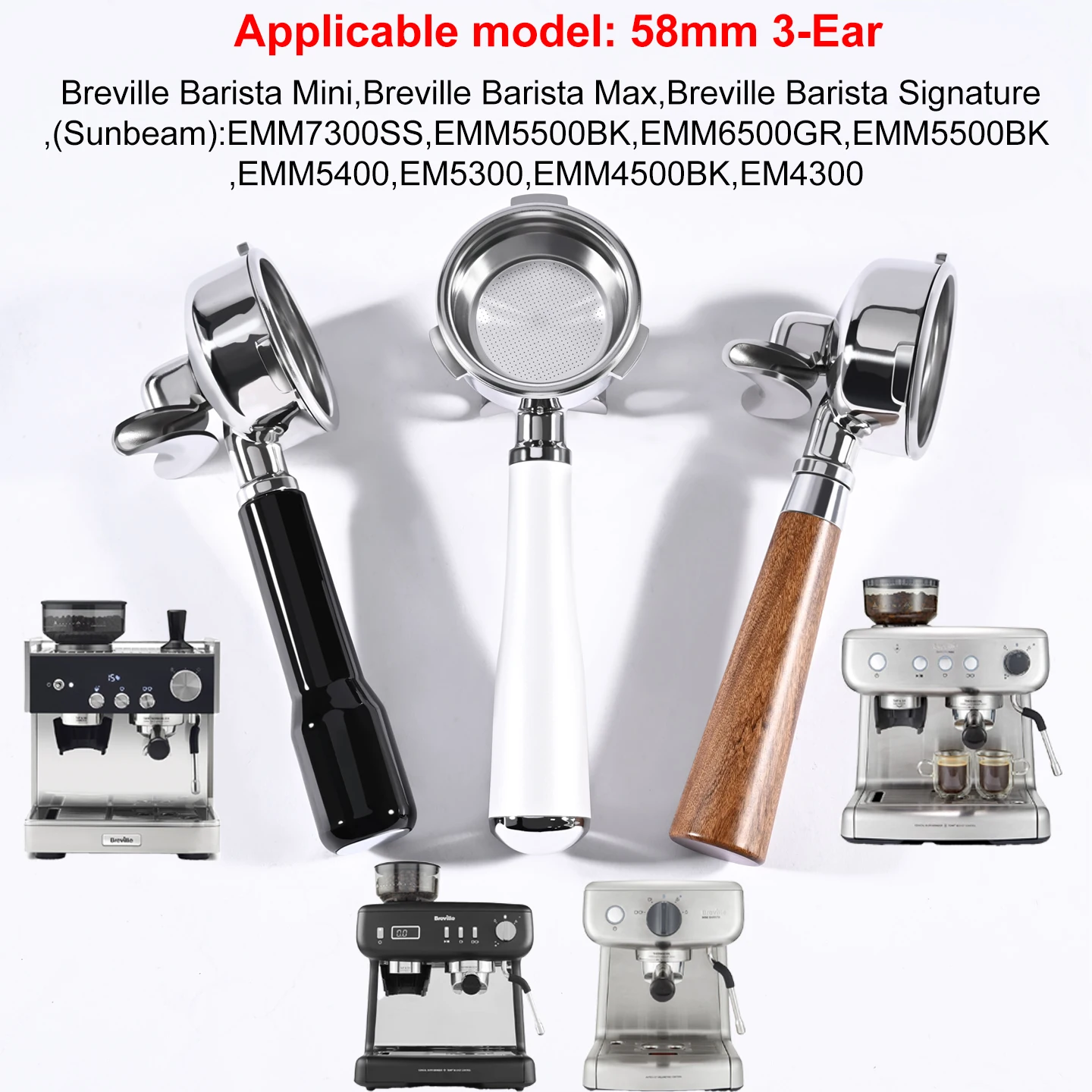 Portafilter de Café de 58mm com 3 Orelhas e Bico Duplo para Máquinas de Espresso Breville Barista Mini/Max/Signature Sunbeam EM4300/5300/EMM5400BK