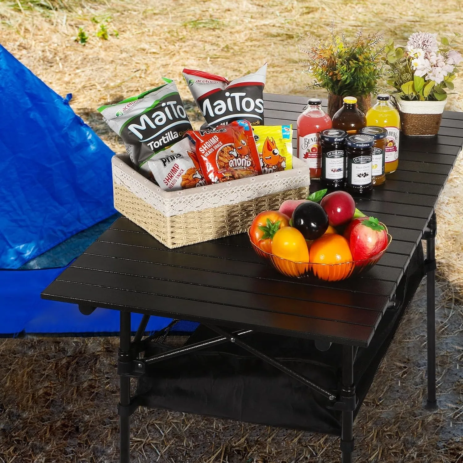 Camping Table, Portable Aluminum Roll-up Picnic Backpacking Table with Mesh Storage Bag, 46.5” x 26.8” x 21.7”, Black