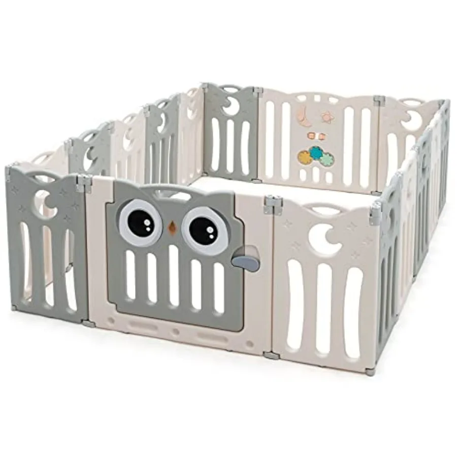

Baby Play Yard 16 Panel Owl Style Infant Playpen Activity Center for Toddlers Anti-Slip Base Lockable Door Indoor Portable Safe