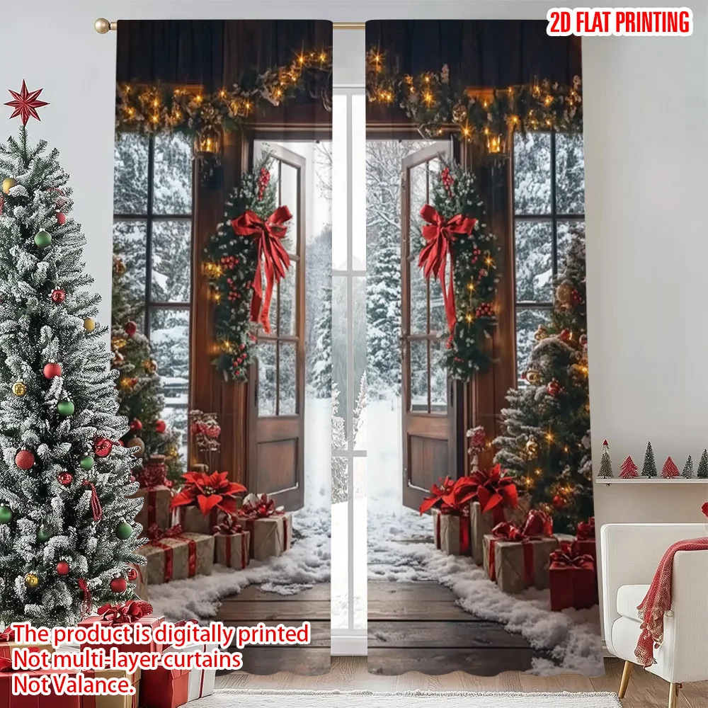 

2pcs 2D flat printing Merry Christmas Popular Drapes Beautiful Christmas in Winter 100% Polyester Without Electricity Birthday
