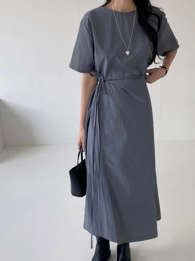 Chic Summer Korean Style round Neck Dress Women's Slimming Long Short Sleeve Waist Cinched Dress Commute Ready