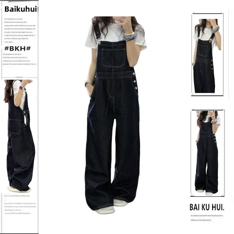 Retro Koreanische Sle Lose Beiläufige Denim Overalls frauen Sommer 2025, Neue Gerade Bein Breite Bein Hosen Hohe Taille Lange Hosen