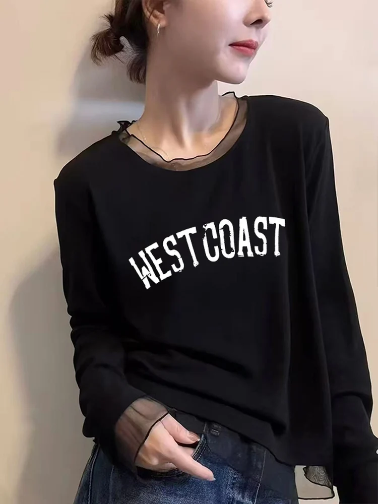 Fashionable Long Sleeve T-Shirt Women's Mesh Lace under Shirt Korean Style Autumn Winter New Arrival Slimming Top Commute Style
