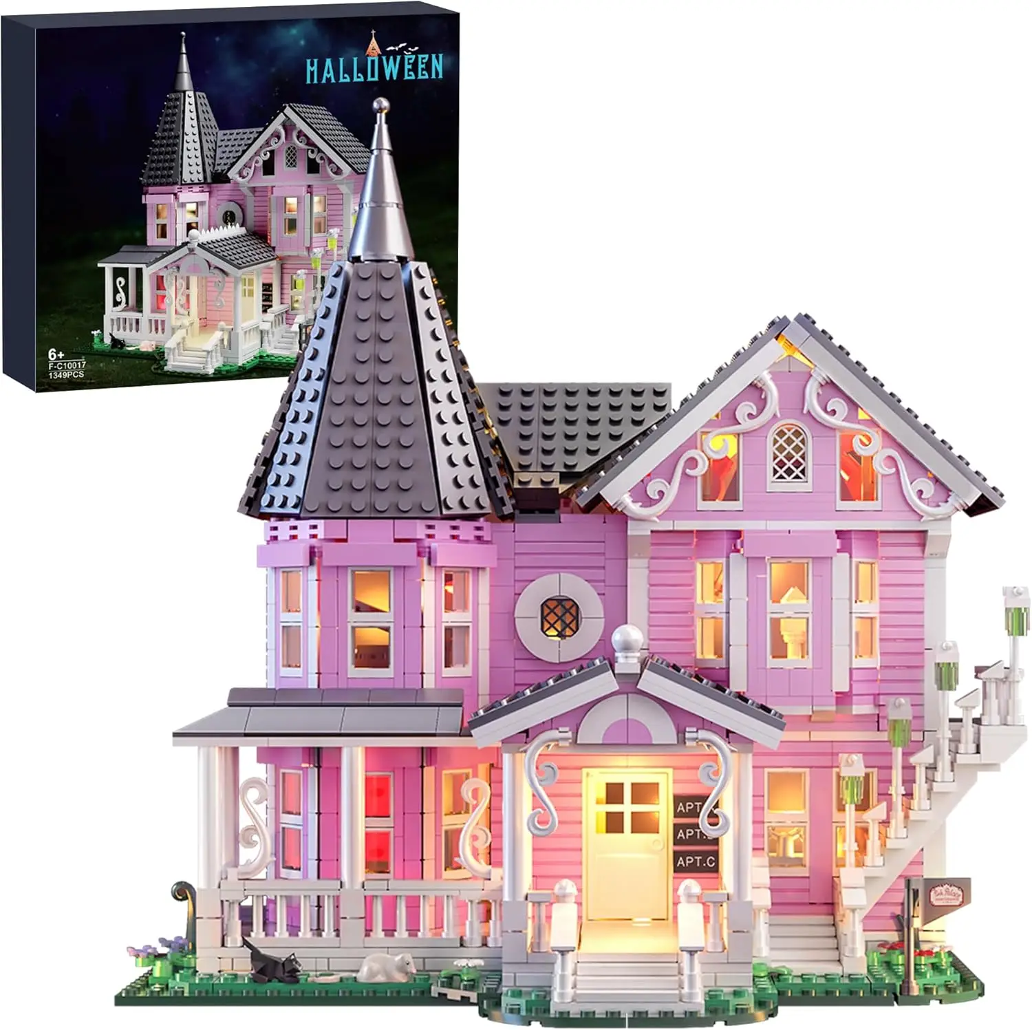 

Pink Palace Apartment Building Set 1349PCS Halloween Haunted House Blocks with Lights Compatible with Lego for Kids