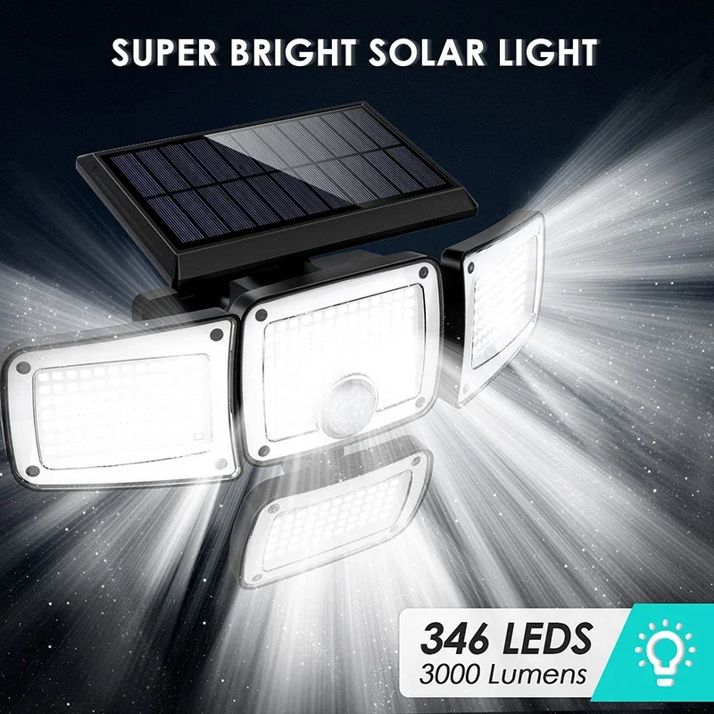 3000LM 270° Wide Angle 4 Heads LED Flood Lights IP65 Waterproof Wall Lights, Solar Panel Remote Control Solar Lights for Outdoor