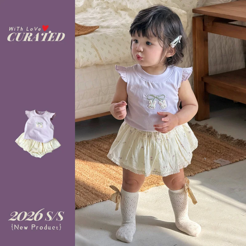 

Cute summer baby girl clothing, children's cartoon top, floral romper skirt, toddler outing outfit, girls' set