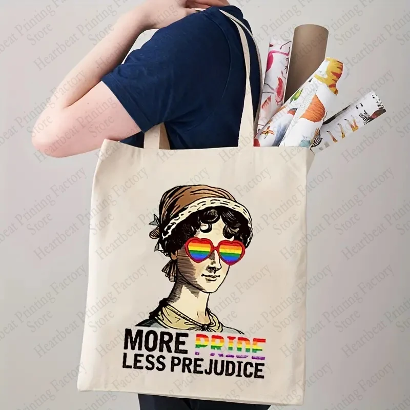 More Pride Less Prejudice Pattern Tote Bag Casual Canvas Shoulder Bag Rainbow Letter Shopping Bag 2024 Fashion Trend Bags