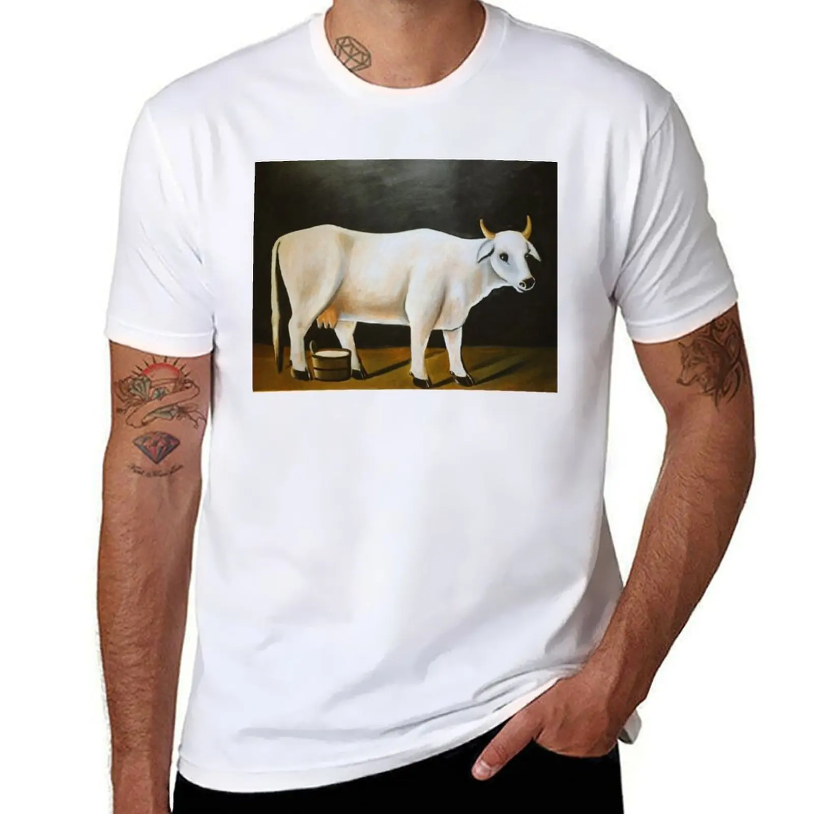 

White Cow on a Black Blackgroundby Niko Pirosmani,Naive Art T-Shirt graphic t shirts for man T-Shirt