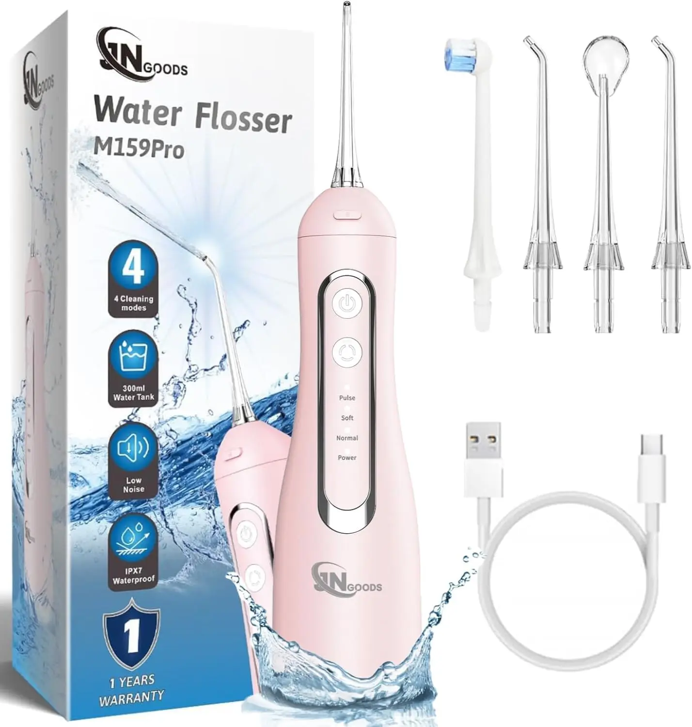 

Cordless Water Dental Flosser Oral Irrigator, 300ml Rechargeable IPX7 Waterproof, 4 Modes Portable with 4 Jet Tips, Travel Home Use (Pink)