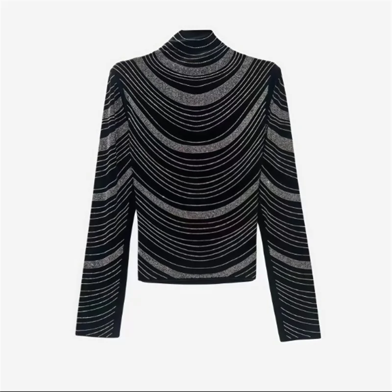 الماس التي شيرت المرأة عالية الرقبة تي شيرت طويلة الأكمام الساطع قاعدة أعلى ربيع الخريف امرأة عادية التي شيرت الشارع الشهير المحملة