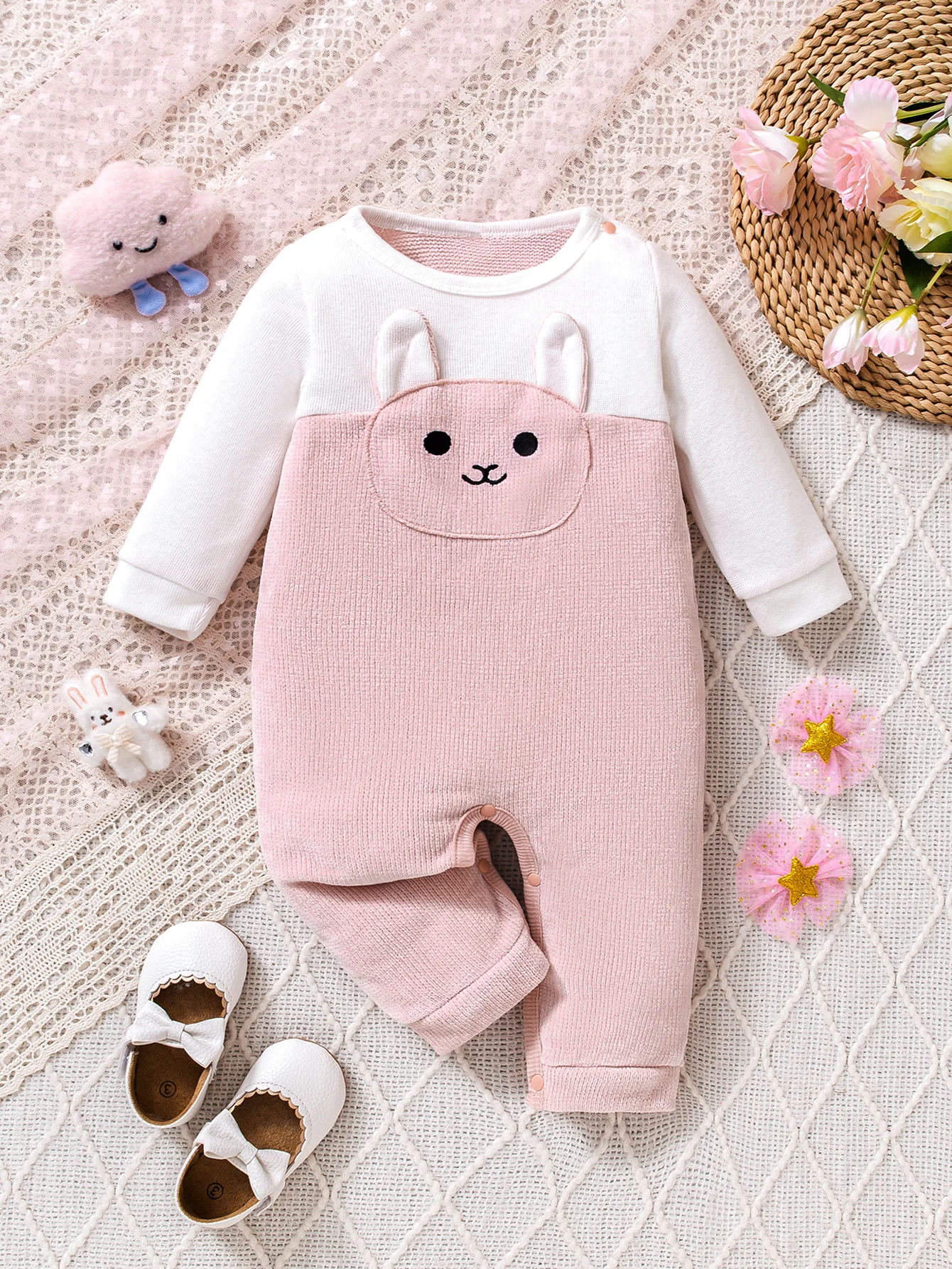 Baby Girl's Pink Rabbit Ear Romper Comfortable Homewear Striped Fabric Fun Crawling Suit Infant Clothing Soft And Snug Fit