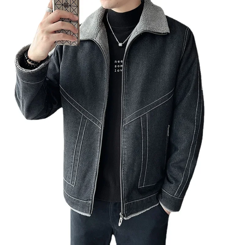 

Men's High-quality Plush And Thick Korean Version Lapel Youth Jacket Winter Motorcycle Cotton Casual Denim Men's Jacket