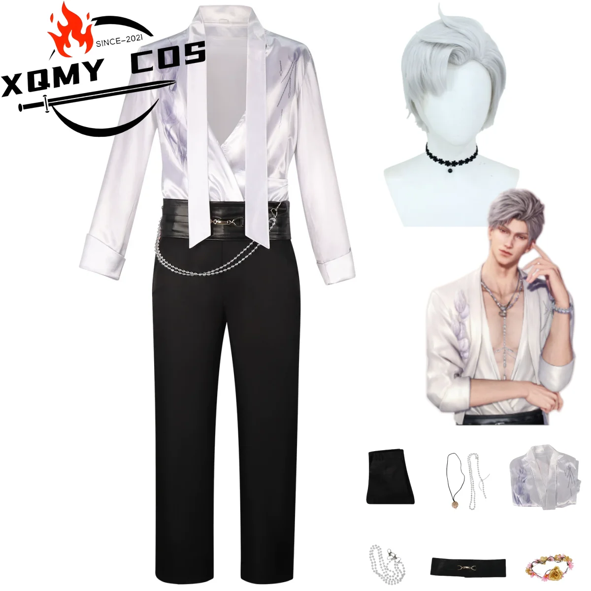 

XqAnime Game Love and Deepspace Sylus Косплей Костюм Белая рубашка с длинными рукавами Полный комплект Парик Мужчина Женщина Карнавальный костюм для вечеринки