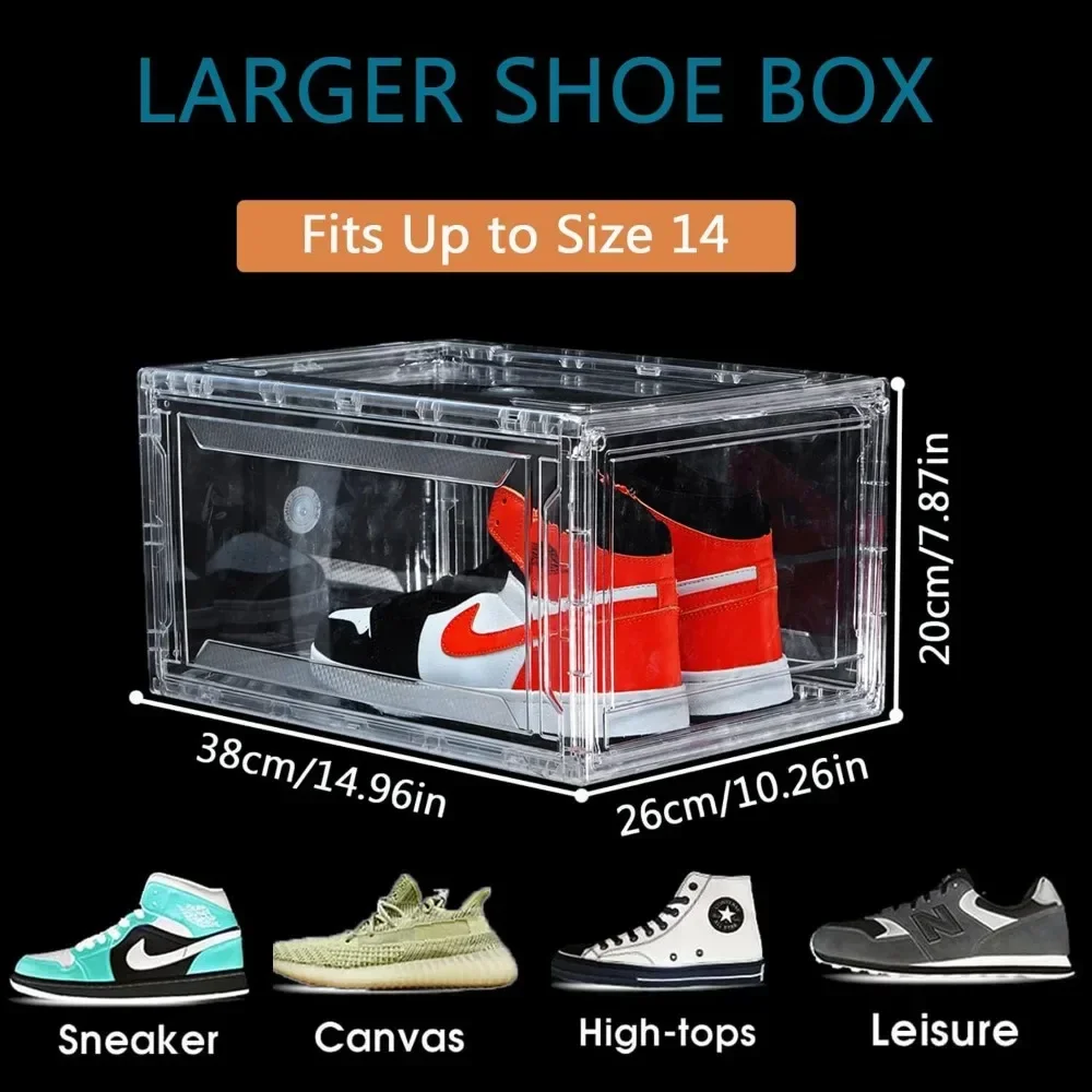 12 Pack Shoe Boxes, Clear Acrylic Plastic Shoe Boxes Stackable, Space-Saving Foldable Drop Front Shoe Storage Boxes Container