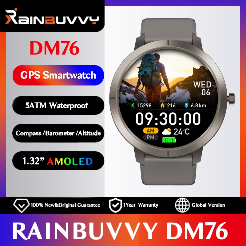

Rainbuvvy DM76 GPS Спортивные Смарт-часы 1,32-дюймовый AMOLED-экран 5ATM Водонепроницаемые наручные часы Батарея 360 мАч Компас высоты давления
