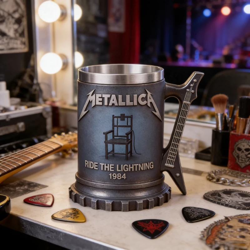 Metallica Heavy Metal Rock Style Beer Mug with Electric Guitar Handle Retro Stainless Steel Lined Bar Cup for Fans