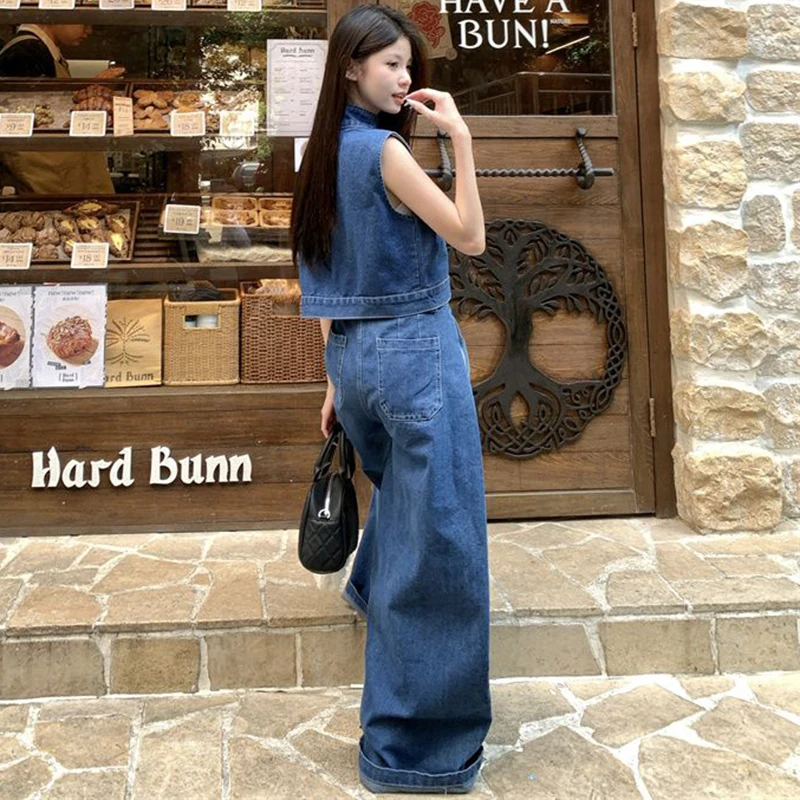 Women Denim Sets Korean Fashion Stand Collar Denim Vest Loose Wide Leg Straight Jeans 2024 Autumn New Ladies Two Piece