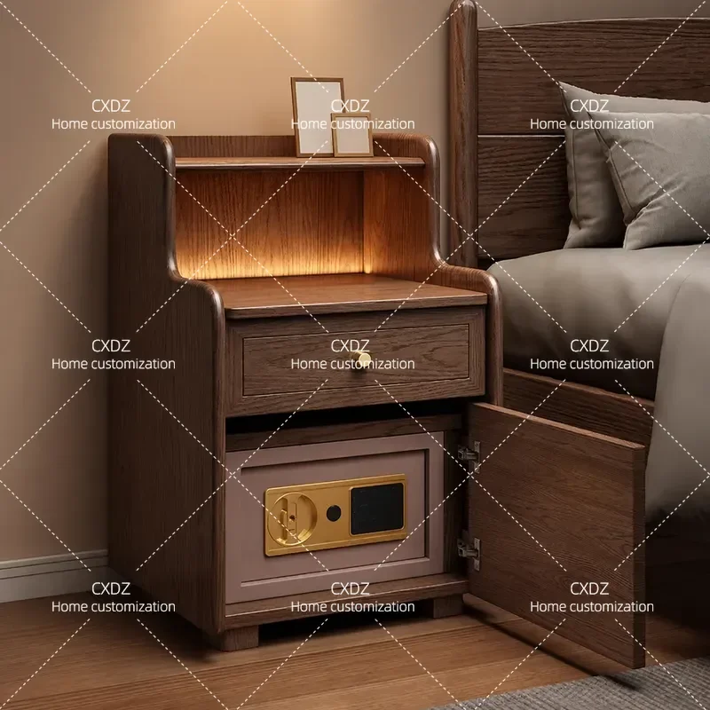 Solid Wood Smart Bedside Table with Integrated Safe Cabinet Fingerprint Password Lock Built-in Lamp Modern Bedroom Nightstand