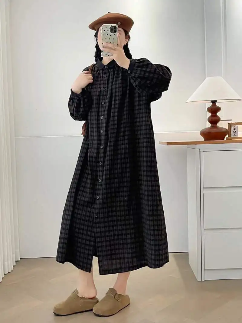 Abito camicia monopetto in cotone scozzese vintage giapponese Mori Girl Abito longuette casual a maniche lunghe con colletto alla coreana autunnale da donna