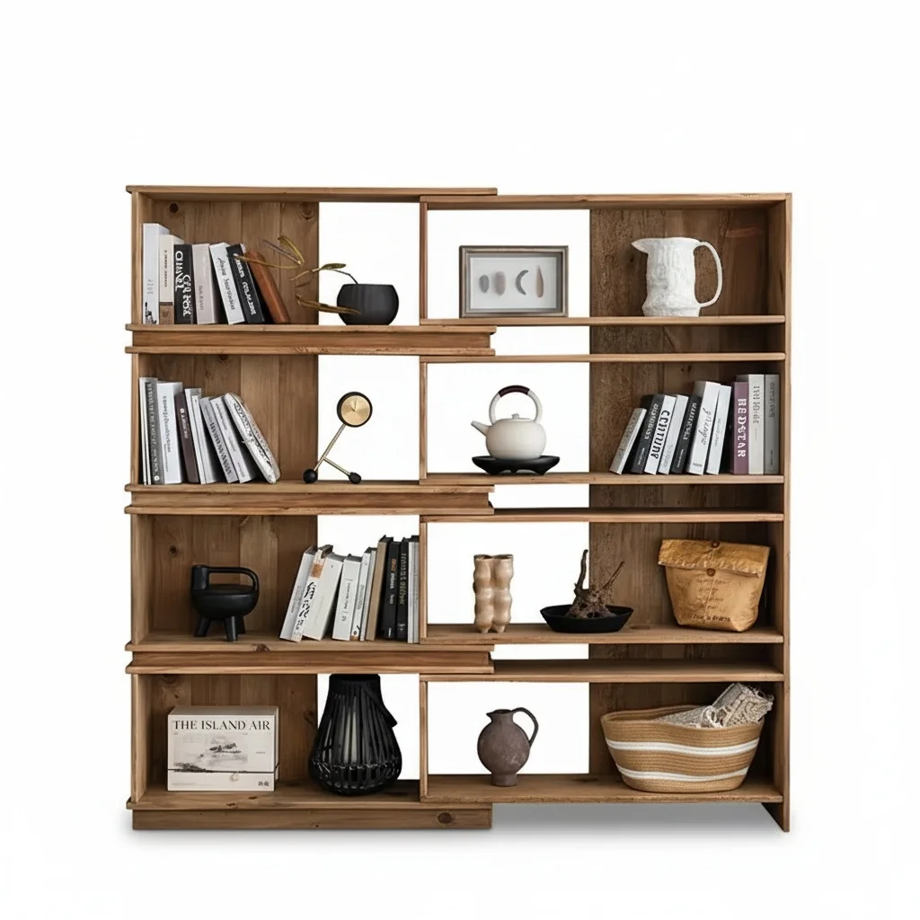 Massivholz-Bücherregal, Retro-Regal aus Altpine und Eisen, Freistehendes Ausziehbares Klappbares Bücherregal für Wohnzimmer
