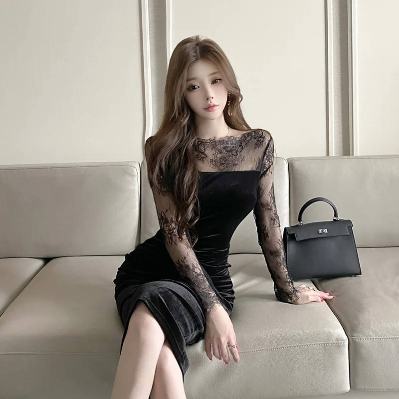 Ele Sexy un solo hombro encaje empalme adelgazante ceñido al cuerpo Dr Otoño Invierno nuevo Sle largo Sve cintura alta vestido de noche de terciopelo