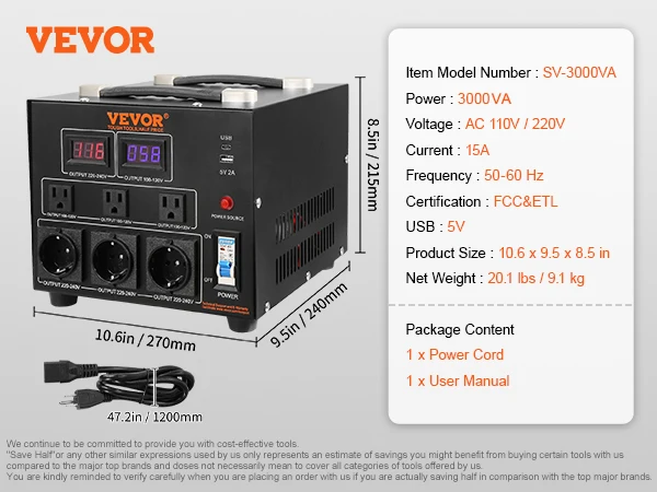SucceBuy Spanningsomvormer Transformator 2000VA/3000VA/5000VA Zware Step Up/Down Transformator met US & EU Outlet 5V USB-poort