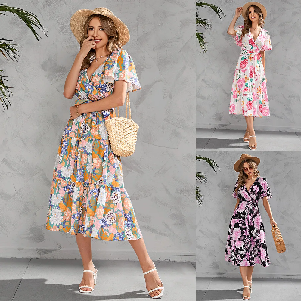 

Women's Summer 2024 New Floral Printed V-neck Waistband Mid-length Short-sleeved Ladies Dress Holiday Dresses Beach Clothing