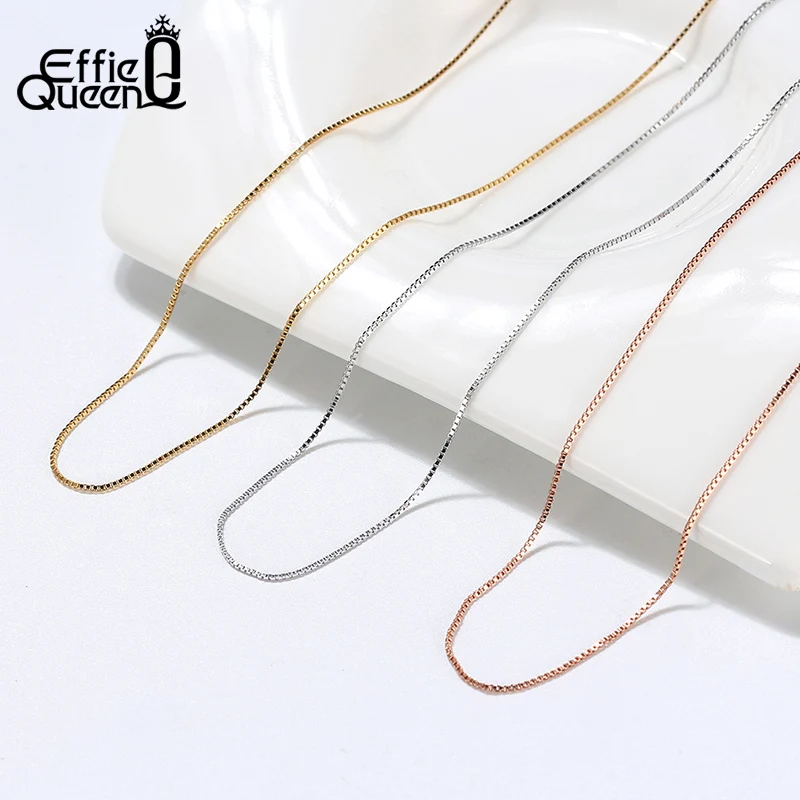 Effie Queen 0.6mm 1mm 1.5mm Box Chain Necklace Real 925 Sterling Silver Neck Chain for Women Men Jewelry Wholesale SC07R