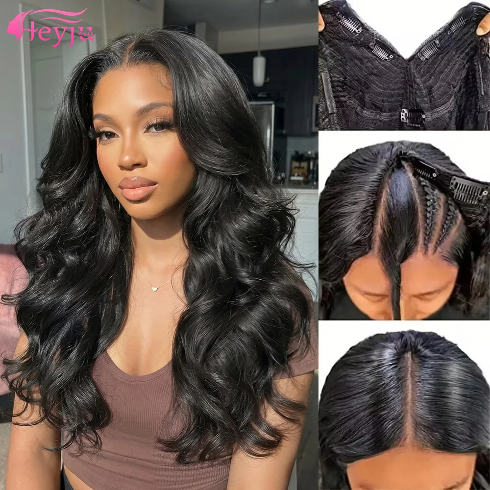 

V Part Wig Deep Wave Kinky Straight Body Wave Human Hair 38 Inch Glueless Wigs for Women Natural Black Virgin Raw Hair Wear & Go V-Shape Wig No Glue Needed No Lace Bouncy Curly Yaki Straight Wavy Hair Extensions Secure Grip Clips Adjustable Strap