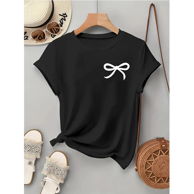 Women's Simple Elegant Design Print Short Sleeve T Shirt with Artistic Bow Casual Graphic Tees Tops Women Y2k Tshirt Clothes