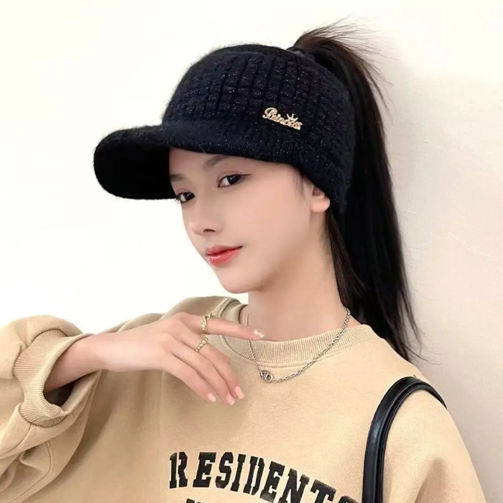 Practical Faux Rabbit Fur Knitted Hat Warm Fleece Windproof Ponytail Hat Visor Brim Earflaps Design Earflaps Hat For Women Golf