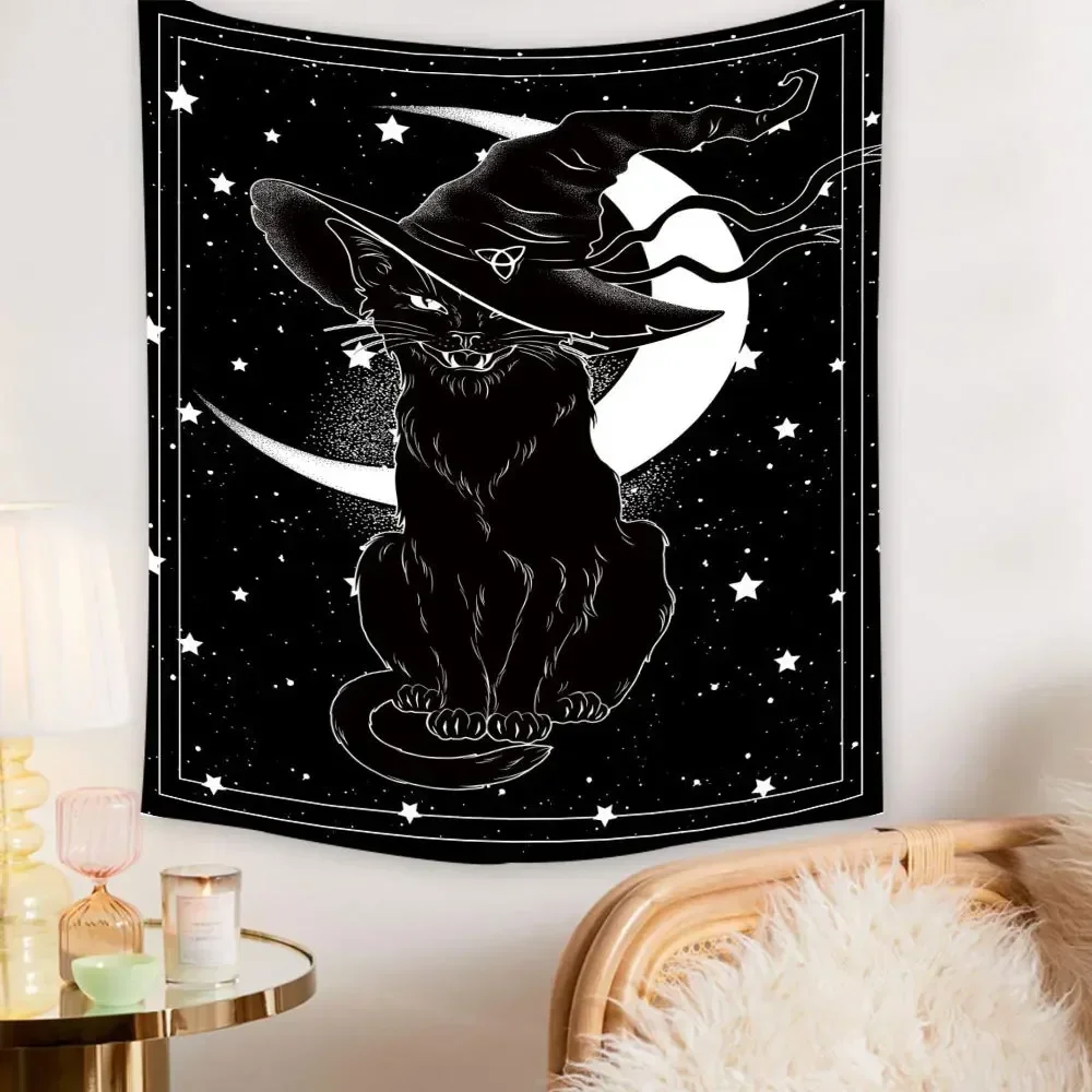 Black Cat Psychedelic Tapestry Wall Hanging Bohemian Witchcraft Tapiz Dormitory Mattress Dormitory Bedroom Tarot Home Decor